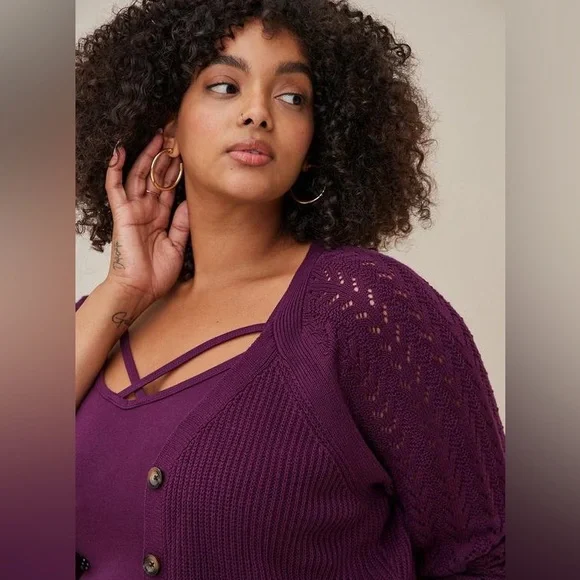 Torrid - Pointelle Cardigan Balloon Sleeve Sweater - Women’s size 3 - Picture 3 of 8